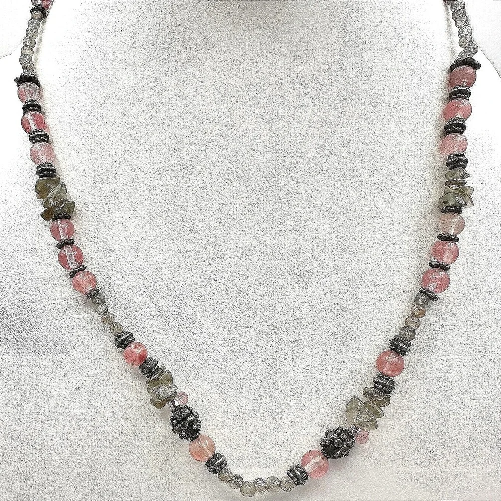 Vintage 90s Strawberry Quartz Labradorite Beaded Necklace Boho Women's Jewelry